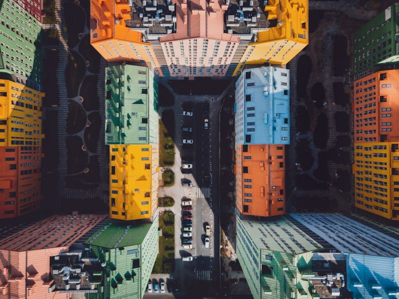 Personal Drone - an aerial view of a multi - colored building