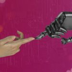Cybernetic Enhancement - two hands touching each other in front of a pink background
