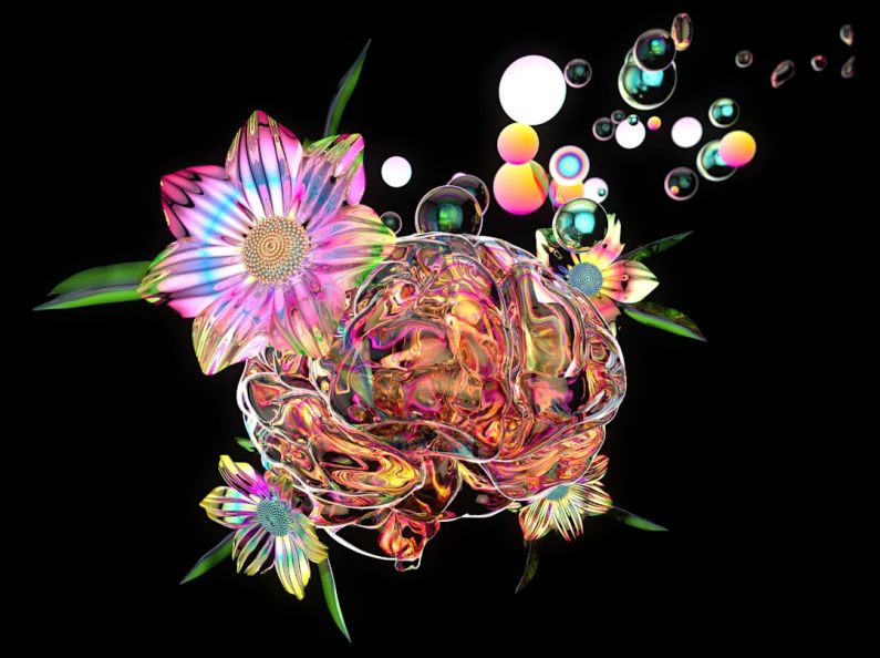 AI Creativity - a digital painting of a flower and bubbles